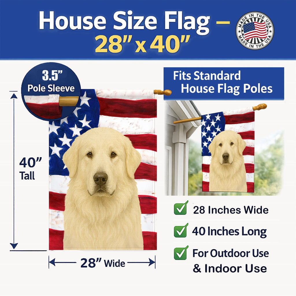 White Great Pyrenees American Flag House Flag 28x40 Porch Sleeve Pole Decorative Outside Yard Banner Artwork Wall Hanging, Polyester