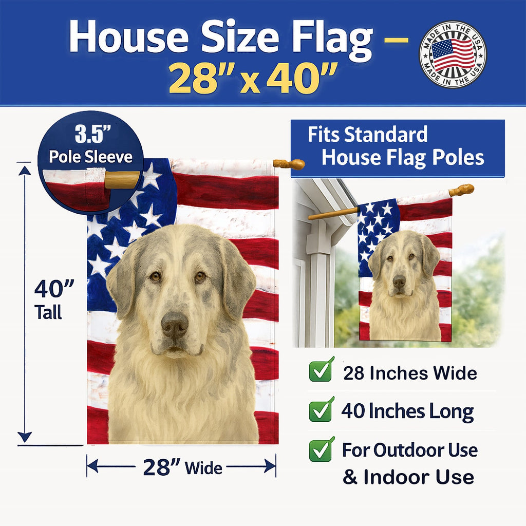 White with Gray Great Pyrenees American Flag House Flag 28x40 Porch Sleeve Pole Decorative Outside Yard Banner Artwork Wall Hanging, Polyester