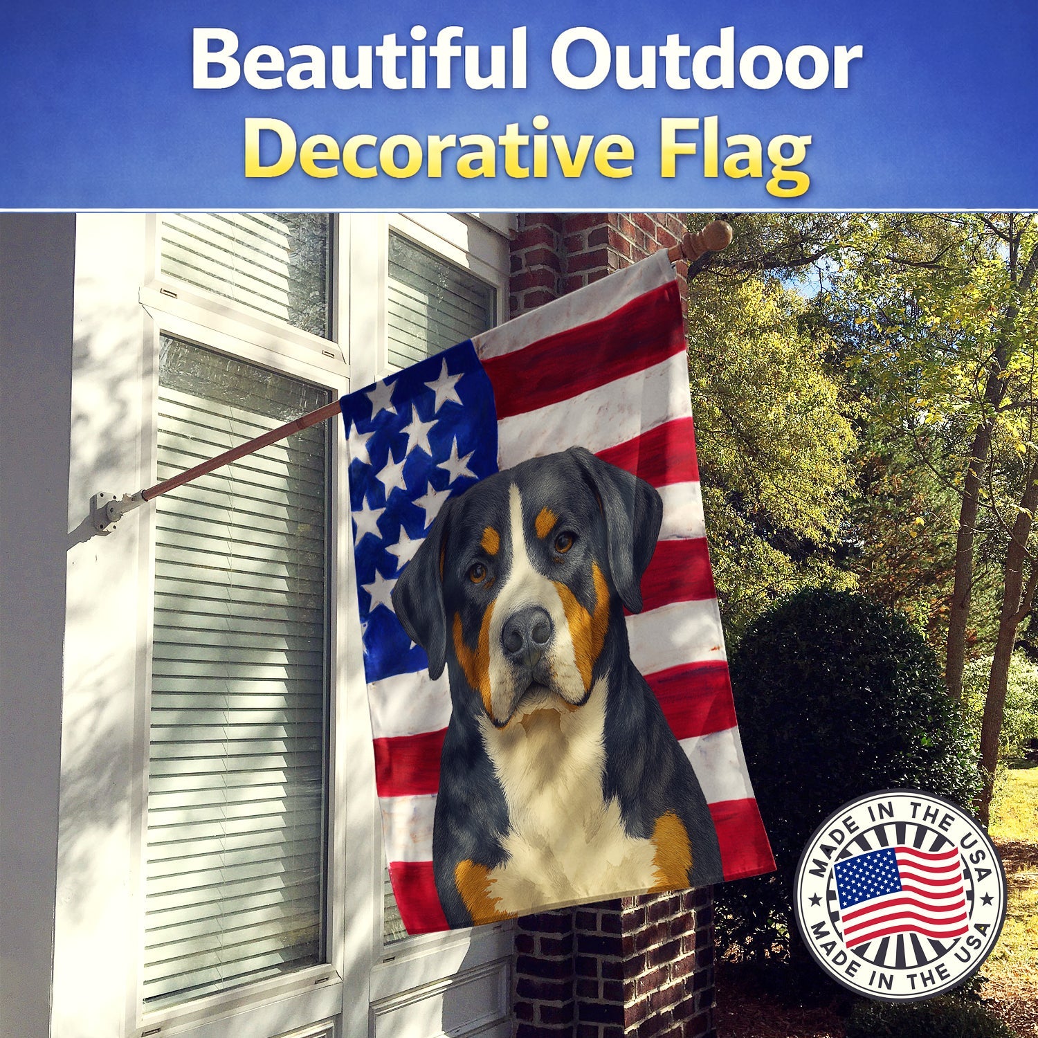 Greater Swiss Mountain Dog American Flag House Flag 28x40 Porch Sleeve Pole Decorative Outside Yard Banner Artwork Wall Hanging, Polyester