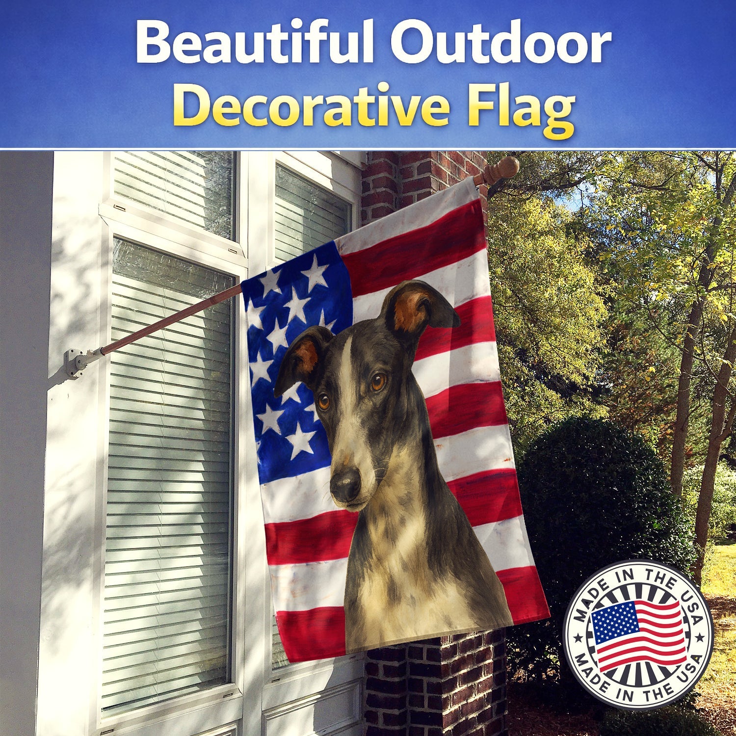 Black and White Greyhound American Flag House Flag 28x40 Porch Sleeve Pole Decorative Outside Yard Banner Artwork Wall Hanging, Polyester