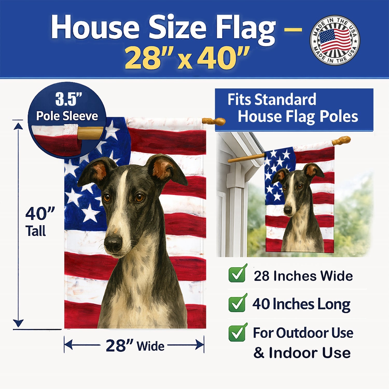 Black and White Greyhound American Flag House Flag 28x40 Porch Sleeve Pole Decorative Outside Yard Banner Artwork Wall Hanging, Polyester