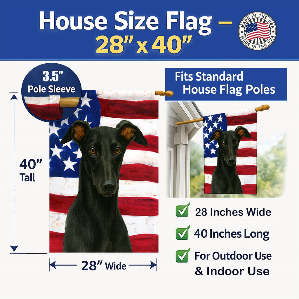 Black Greyhound American Flag House Flag 28x40 Porch Sleeve Pole Decorative Outside Yard Banner Artwork Wall Hanging, Polyester