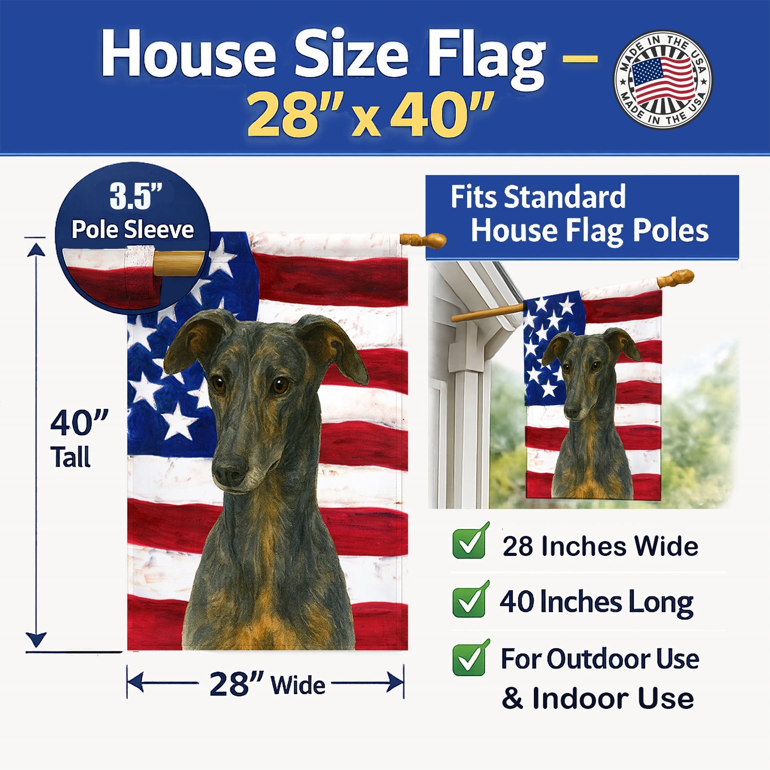 Blue Brindle Greyhound American Flag House Flag 28x40 Porch Sleeve Pole Decorative Outside Yard Banner Artwork Wall Hanging, Polyester