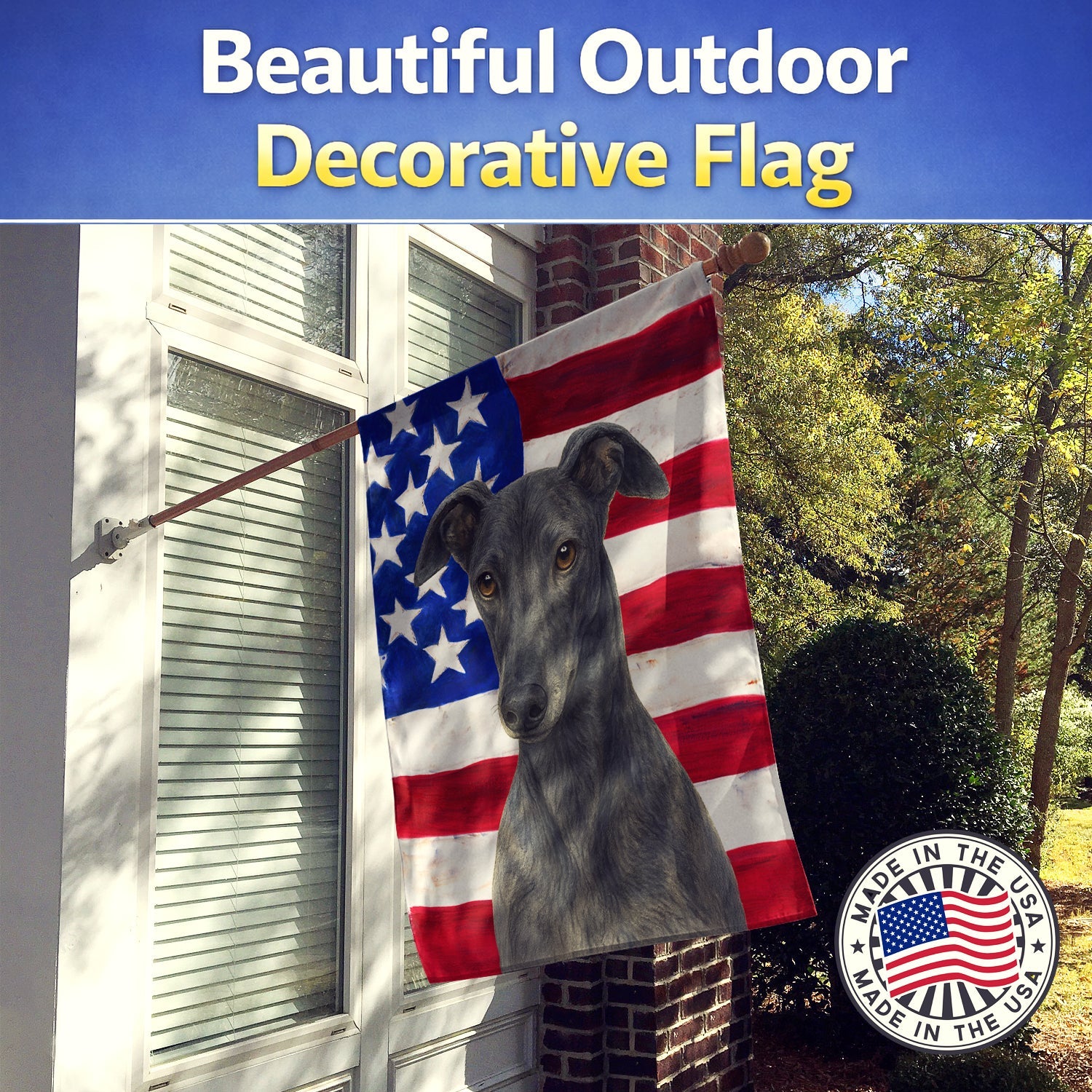 Blue Greyhound American Flag House Flag 28x40 Porch Sleeve Pole Decorative Outside Yard Banner Artwork Wall Hanging, Polyester