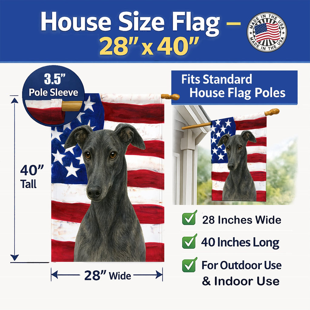 Blue Greyhound American Flag House Flag 28x40 Porch Sleeve Pole Decorative Outside Yard Banner Artwork Wall Hanging, Polyester