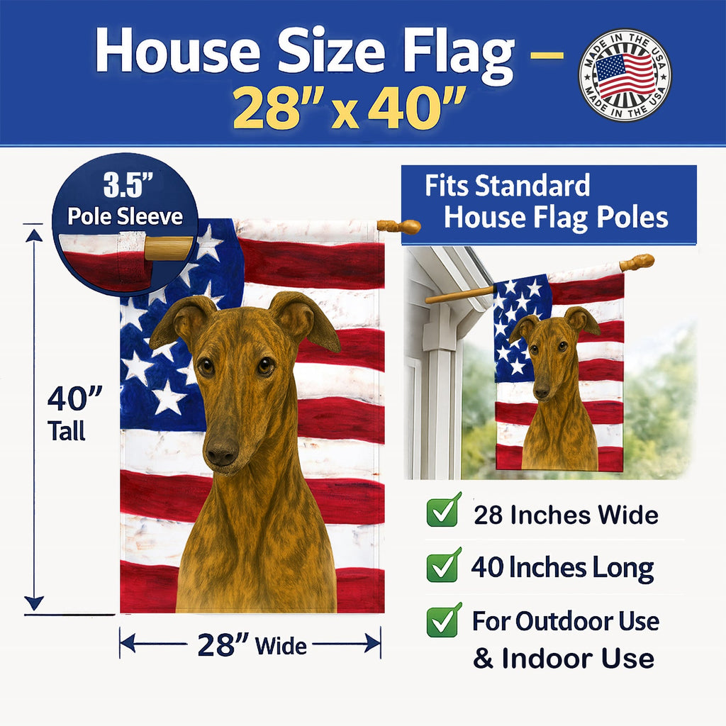 Brindle Greyhound American Flag House Flag 28x40 Porch Sleeve Pole Decorative Outside Yard Banner Artwork Wall Hanging, Polyester