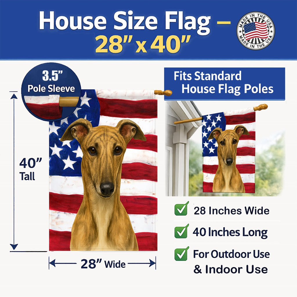 Fawn Brindle Greyhound American Flag House Flag 28x40 Porch Sleeve Pole Decorative Outside Yard Banner Artwork Wall Hanging, Polyester
