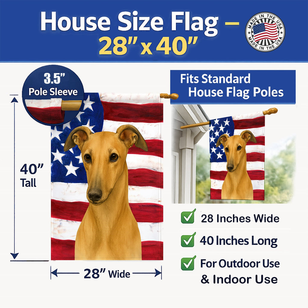 Fawn Greyhound American Flag House Flag 28x40 Porch Sleeve Pole Decorative Outside Yard Banner Artwork Wall Hanging, Polyester