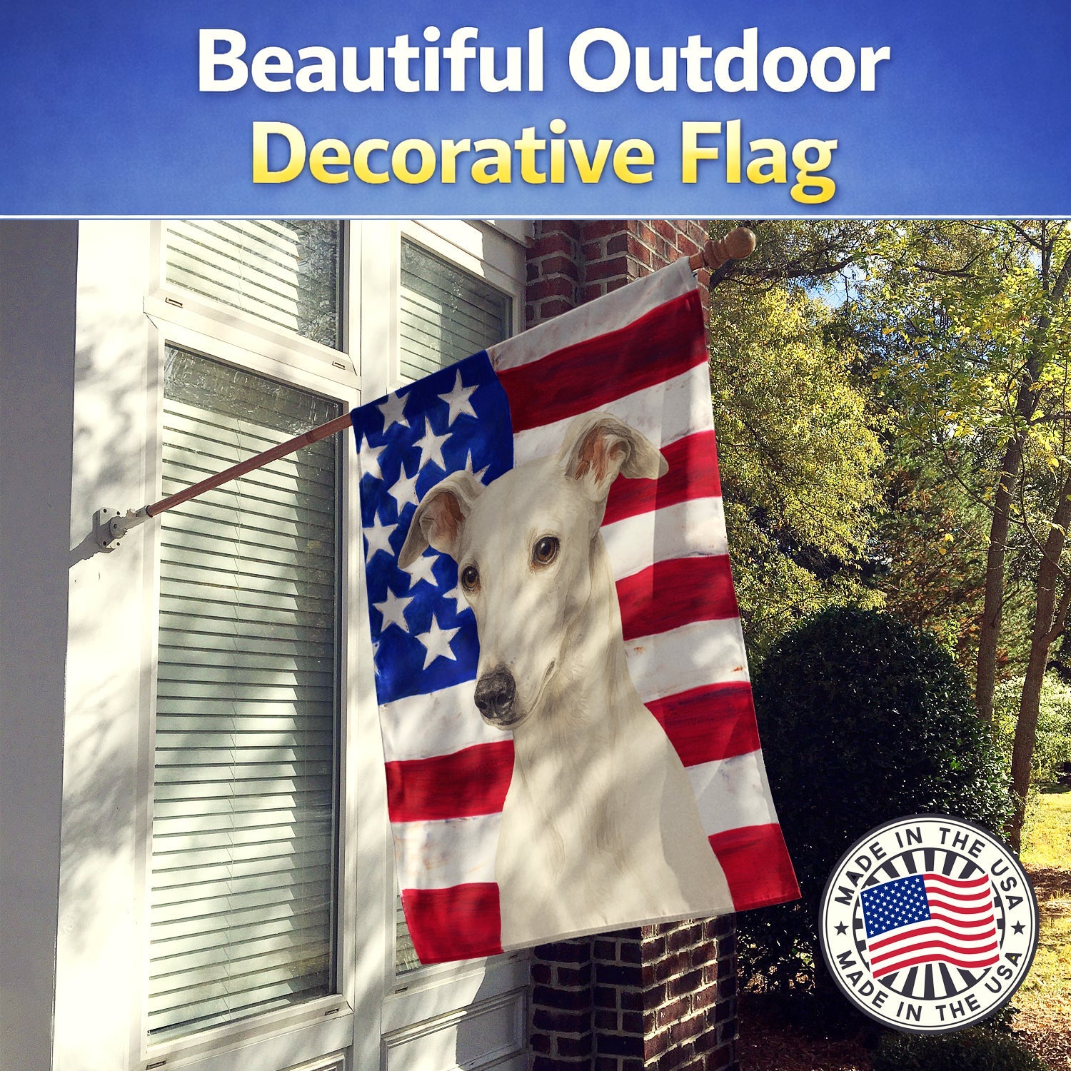 White Greyhound American Flag House Flag 28x40 Porch Sleeve Pole Decorative Outside Yard Banner Artwork Wall Hanging, Polyester