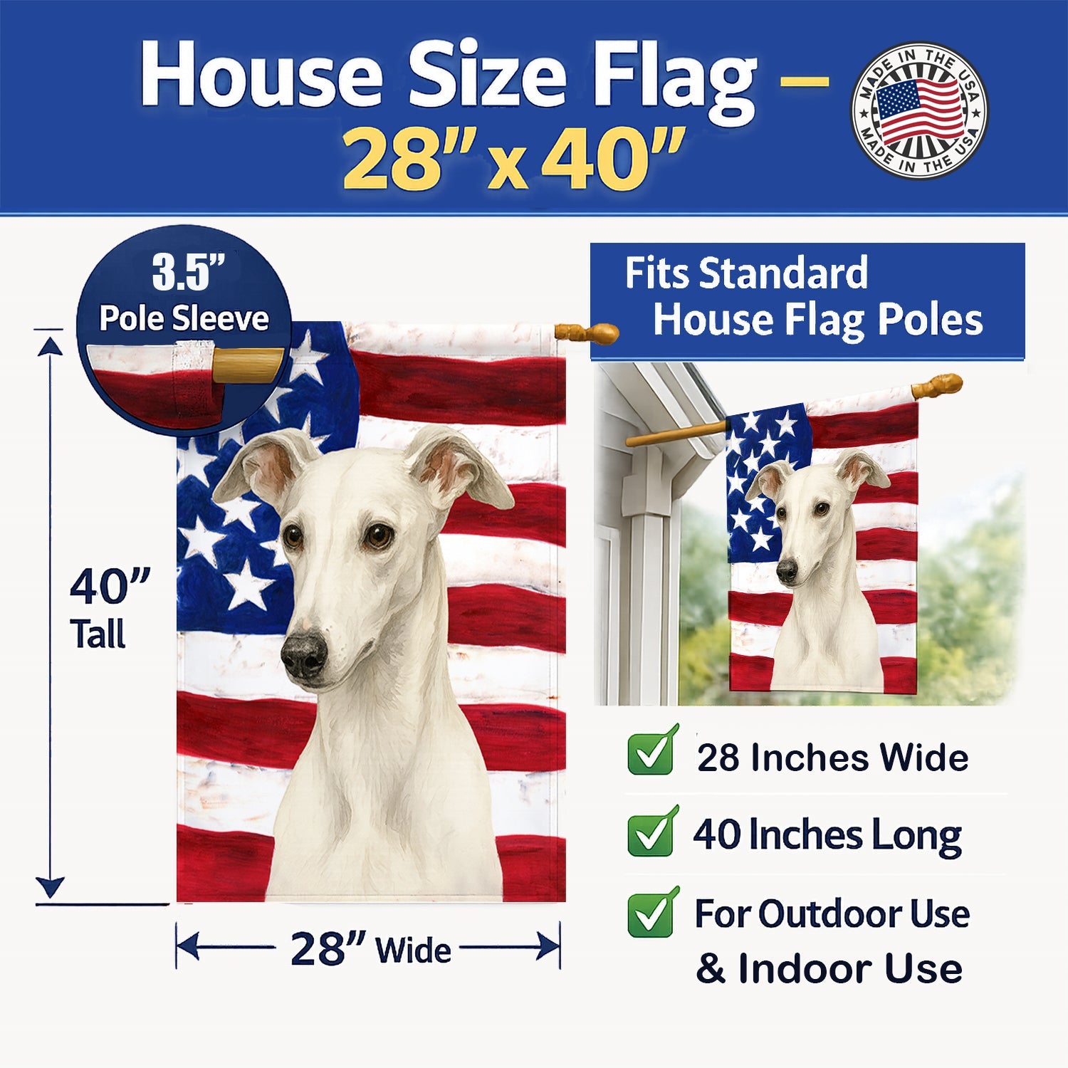 White Greyhound American Flag House Flag 28x40 Porch Sleeve Pole Decorative Outside Yard Banner Artwork Wall Hanging, Polyester