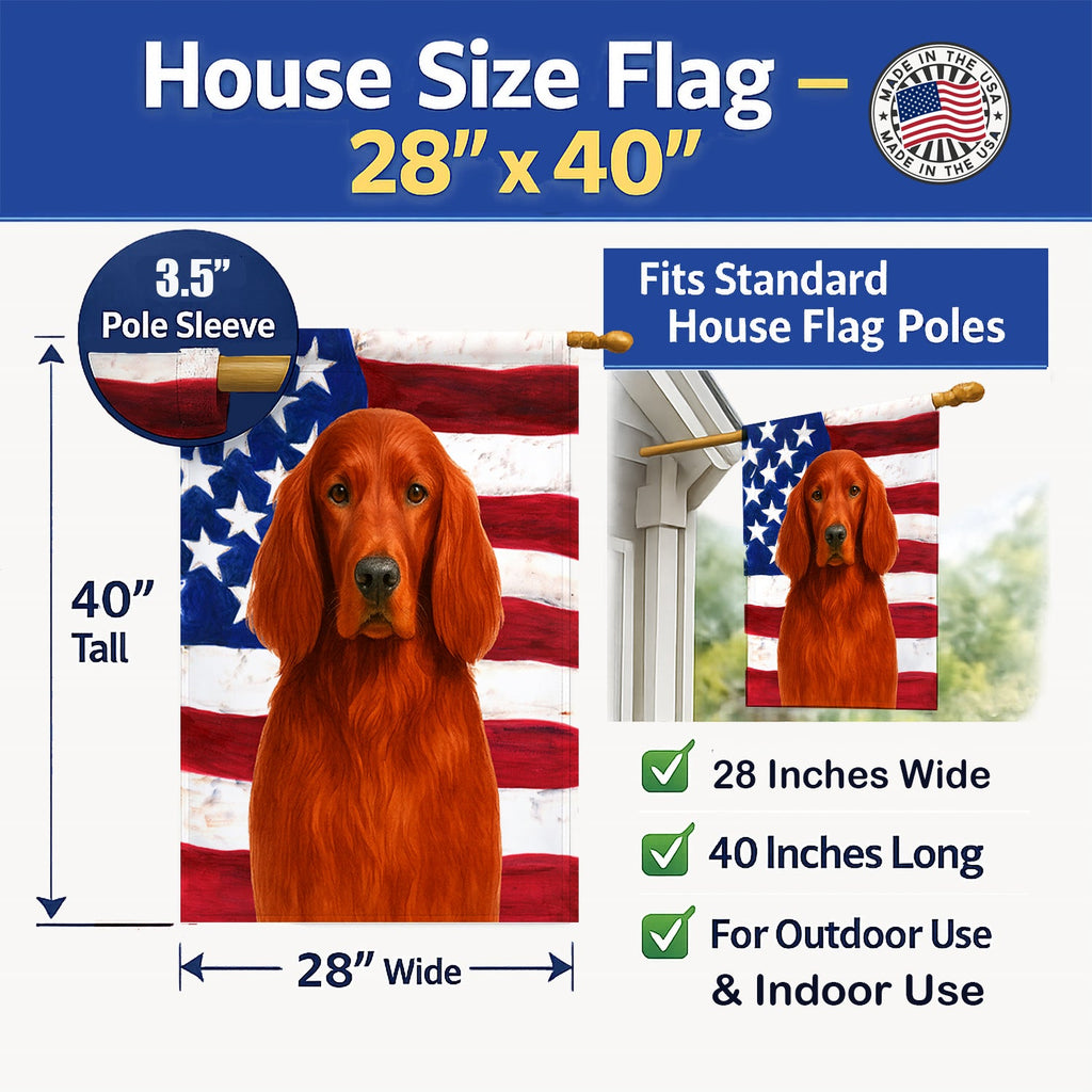 Irish Setter American Flag House Flag 28x40 Porch Sleeve Pole Decorative Outside Yard Banner Artwork Wall Hanging, Polyester