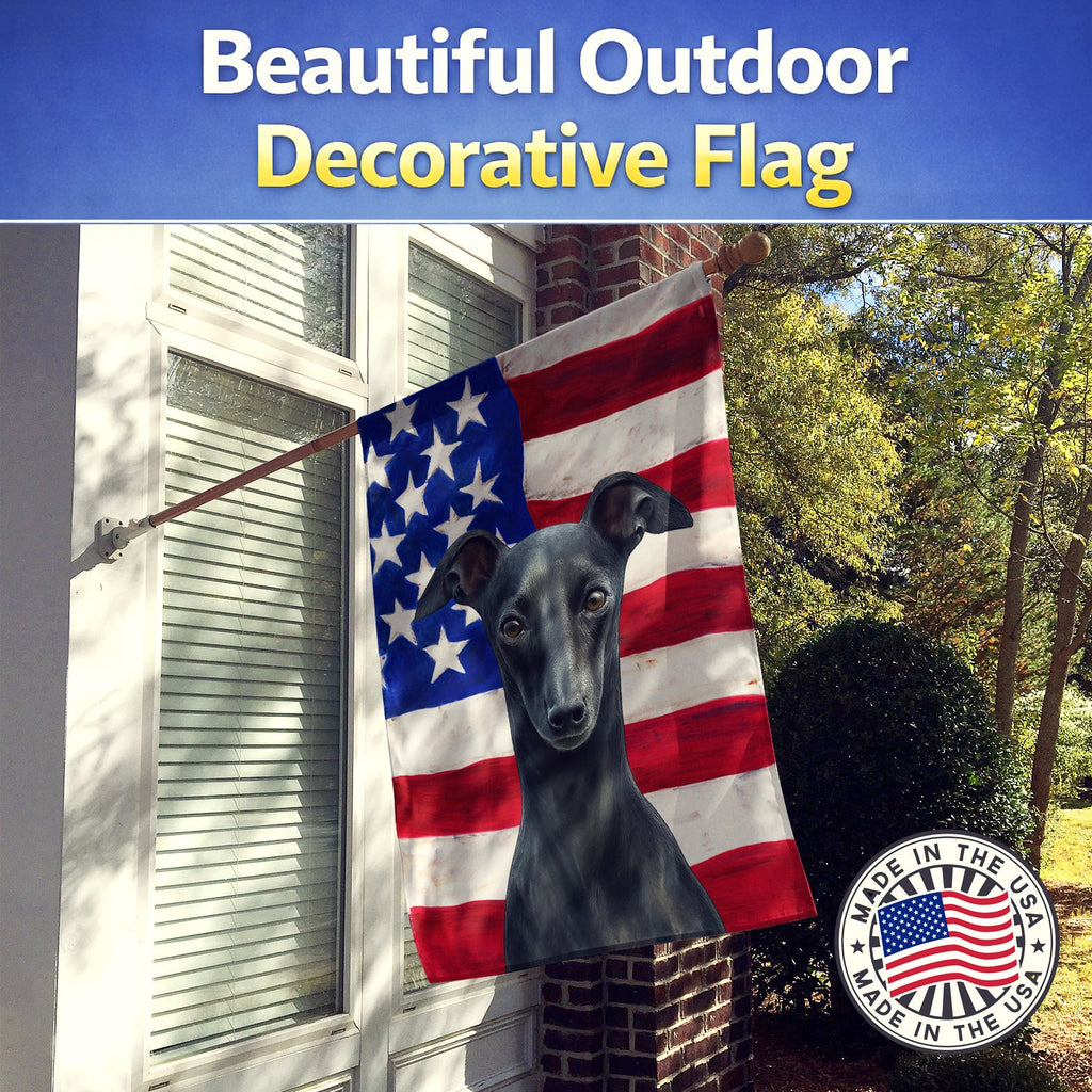 Black Italian Greyhound American Flag House Flag 28x40 Porch Sleeve Pole Decorative Outside Yard Banner Artwork Wall Hanging, Polyester