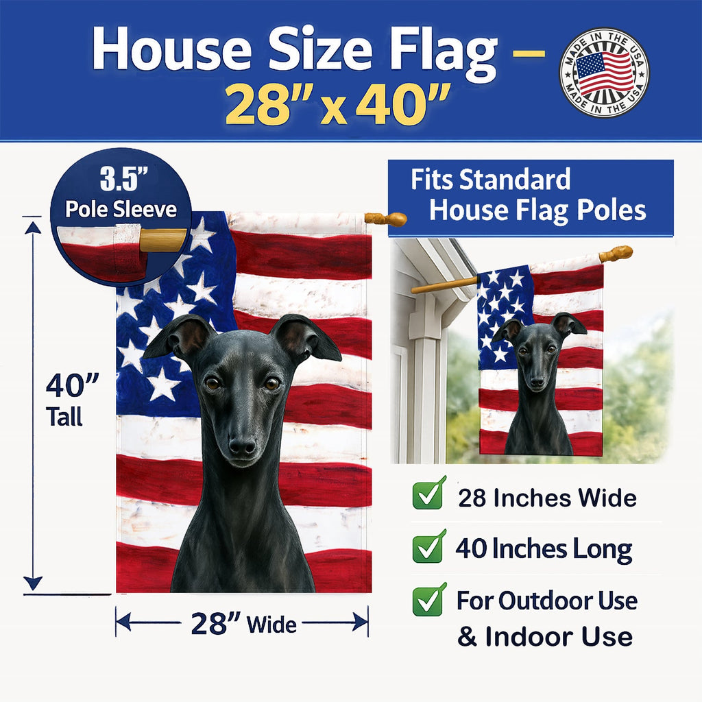 Black Italian Greyhound American Flag House Flag 28x40 Porch Sleeve Pole Decorative Outside Yard Banner Artwork Wall Hanging, Polyester