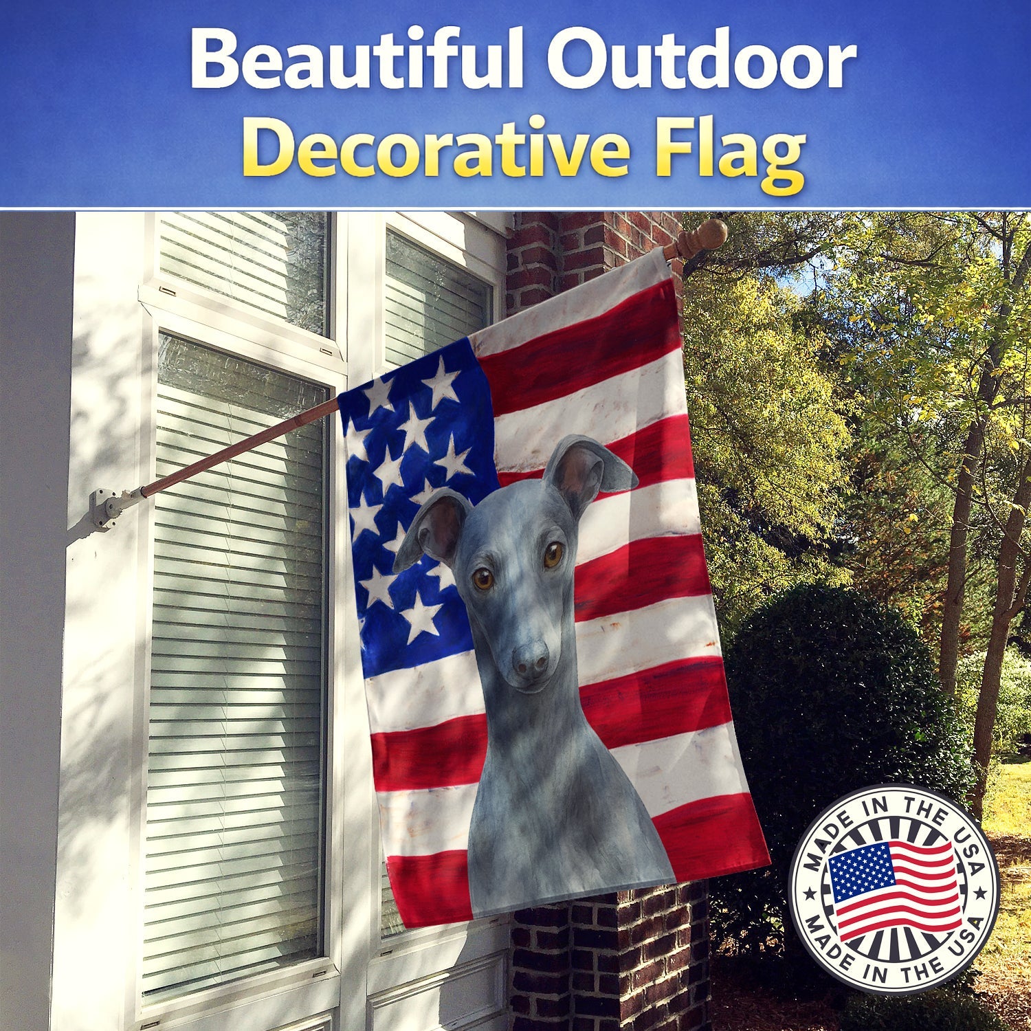 Blue Italian Greyhound American Flag House Flag 28x40 Porch Sleeve Pole Decorative Outside Yard Banner Artwork Wall Hanging, Polyester