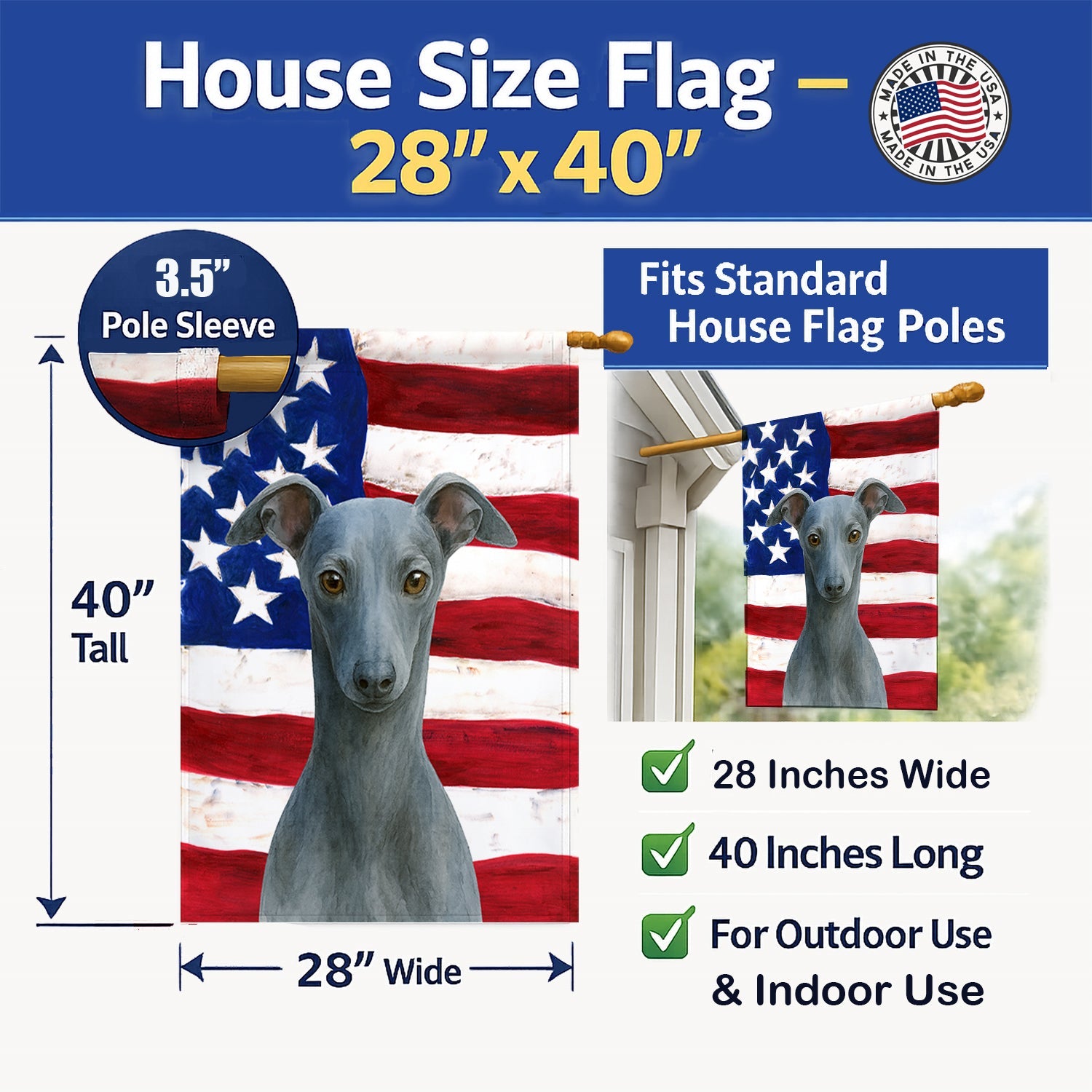 Blue Italian Greyhound American Flag House Flag 28x40 Porch Sleeve Pole Decorative Outside Yard Banner Artwork Wall Hanging, Polyester