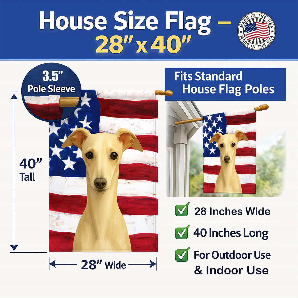 Cream Italian Greyhound American Flag House Flag 28x40 Porch Sleeve Pole Decorative Outside Yard Banner Artwork Wall Hanging, Polyester