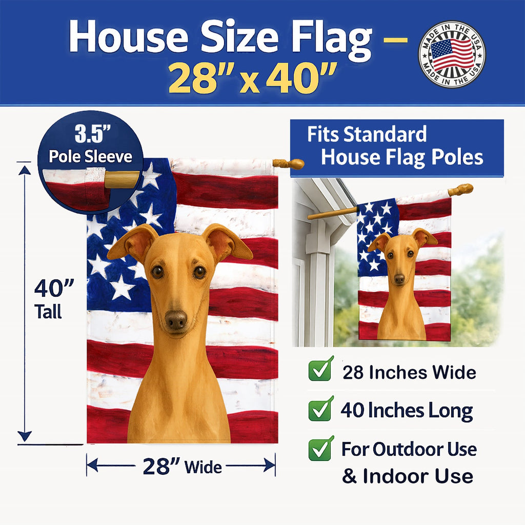 Fawn Italian Greyhound American Flag House Flag 28x40 Porch Sleeve Pole Decorative Outside Yard Banner Artwork Wall Hanging, Polyester