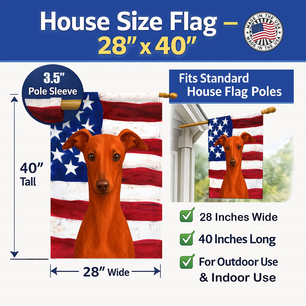 Red Italian Greyhound American Flag House Flag 28x40 Porch Sleeve Pole Decorative Outside Yard Banner Artwork Wall Hanging, Polyester