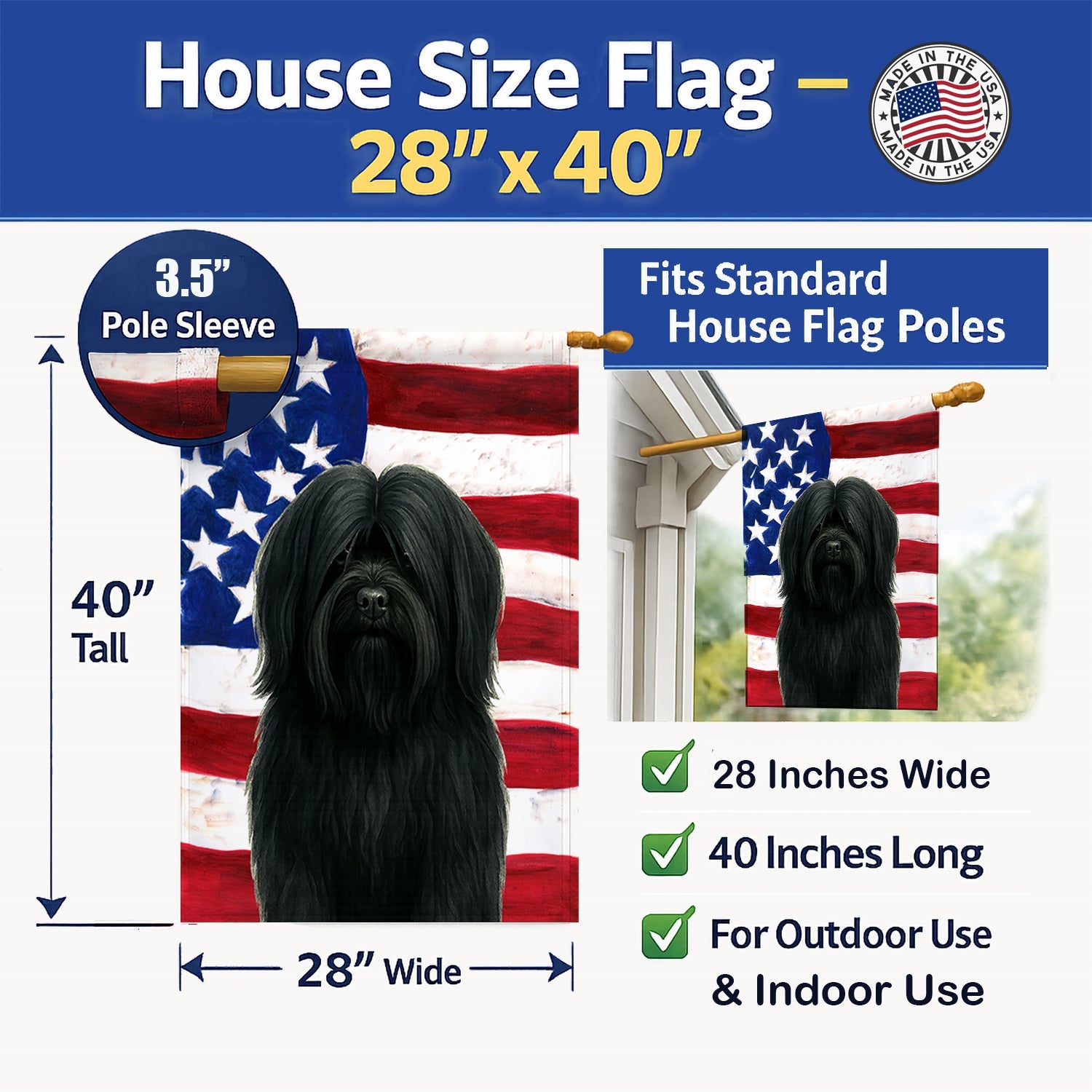Black Lhasa Apso American Flag House Flag 28x40 Porch Sleeve Pole Decorative Outside Yard Banner Artwork Wall Hanging, Polyester