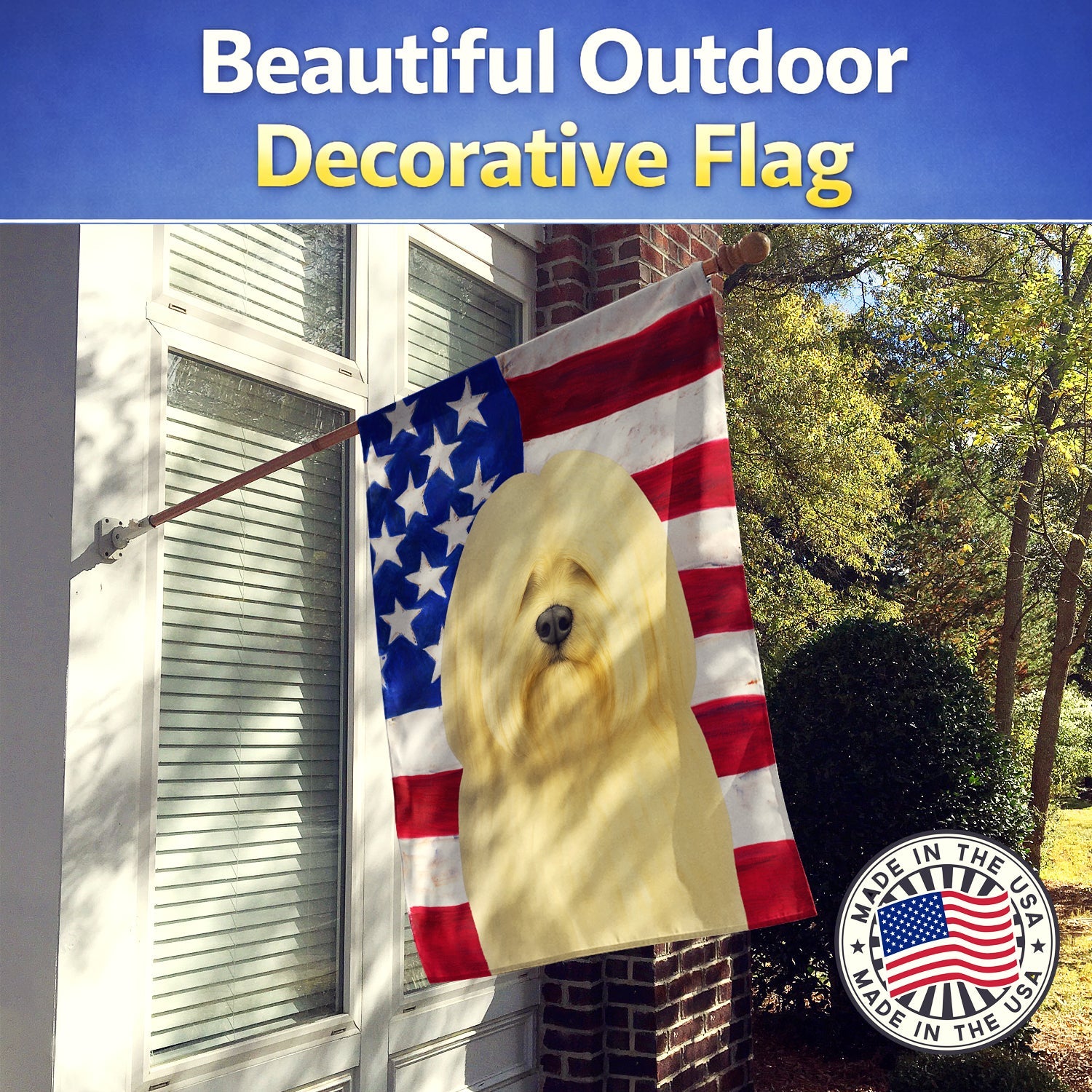 Cream Lhasa Apso American Flag House Flag 28x40 Porch Sleeve Pole Decorative Outside Yard Banner Artwork Wall Hanging, Polyester