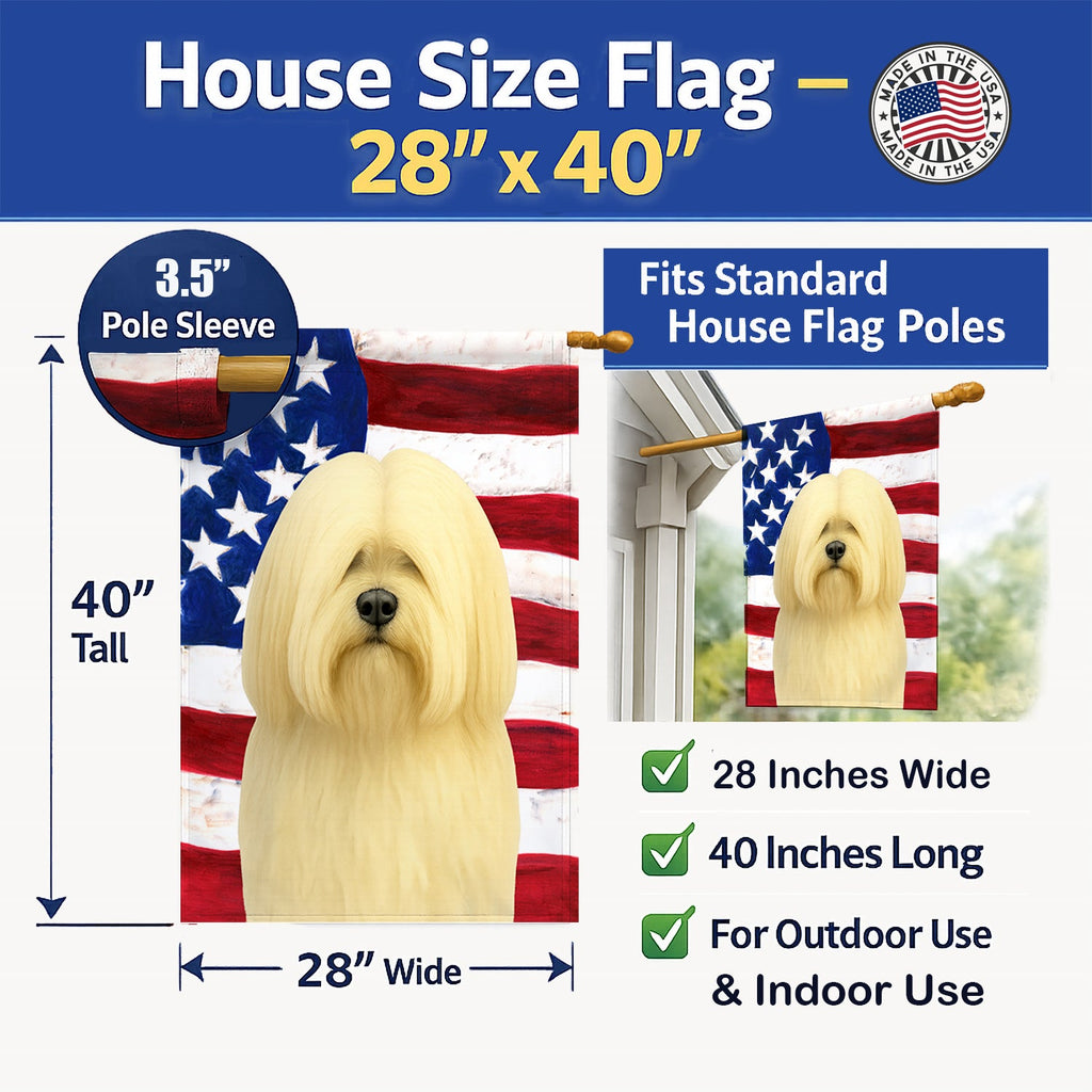 Cream Lhasa Apso American Flag House Flag 28x40 Porch Sleeve Pole Decorative Outside Yard Banner Artwork Wall Hanging, Polyester
