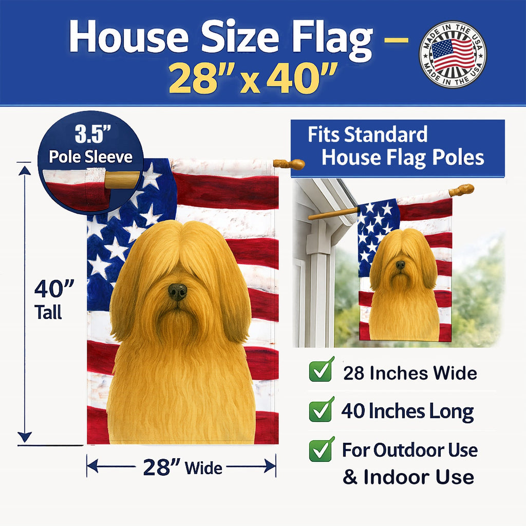 Gold Lhasa Apso American Flag House Flag 28x40 Porch Sleeve Pole Decorative Outside Yard Banner Artwork Wall Hanging, Polyester