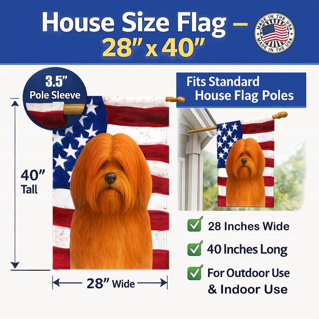 Red Lhasa Apso American Flag House Flag 28x40 Porch Sleeve Pole Decorative Outside Yard Banner Artwork Wall Hanging, Polyester