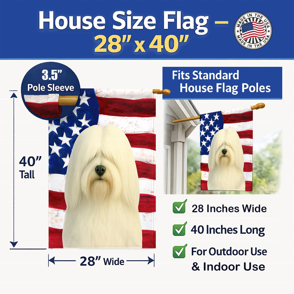 White Lhasa Apso American Flag House Flag 28x40 Porch Sleeve Pole Decorative Outside Yard Banner Artwork Wall Hanging, Polyester