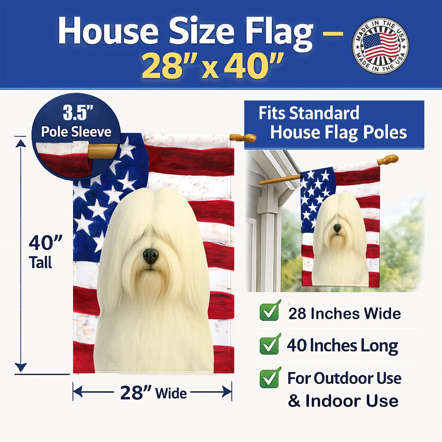 White Lhasa Apso American Flag House Flag 28x40 Porch Sleeve Pole Decorative Outside Yard Banner Artwork Wall Hanging, Polyester