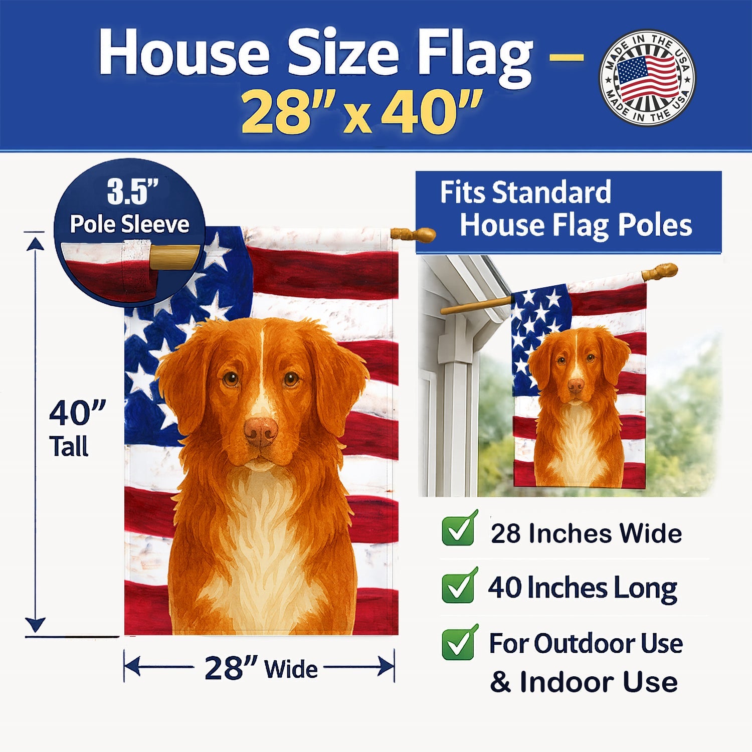 Copper Nova Scotia Duck Tolling Retriever American Flag House Flag 28x40 Porch Sleeve Pole Decorative Outside Yard Banner Artwork Wall Hanging, Polyester