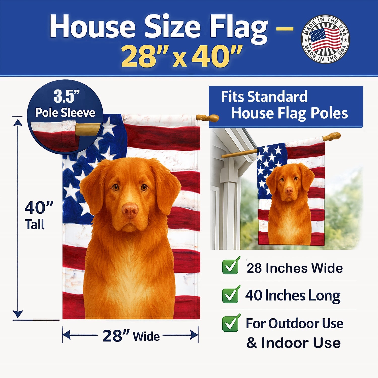 Red Nova Scotia Duck Tolling Retriever American Flag House Flag 28x40 Porch Sleeve Pole Decorative Outside Yard Banner Artwork Wall Hanging, Polyester