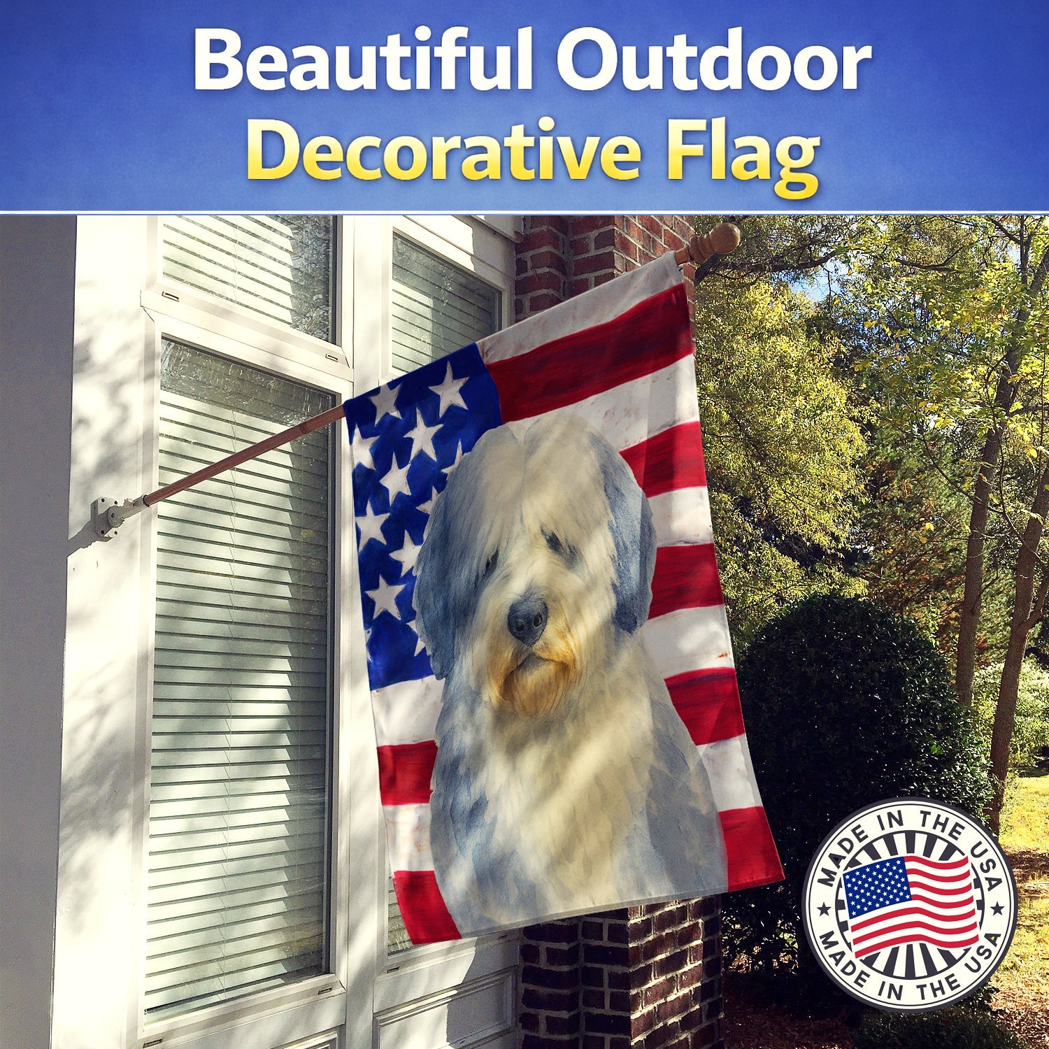 Blue and White Old English Sheepdog American Flag House Flag 28x40 Porch Sleeve Pole Decorative Outside Yard Banner Artwork Wall Hanging, Polyester