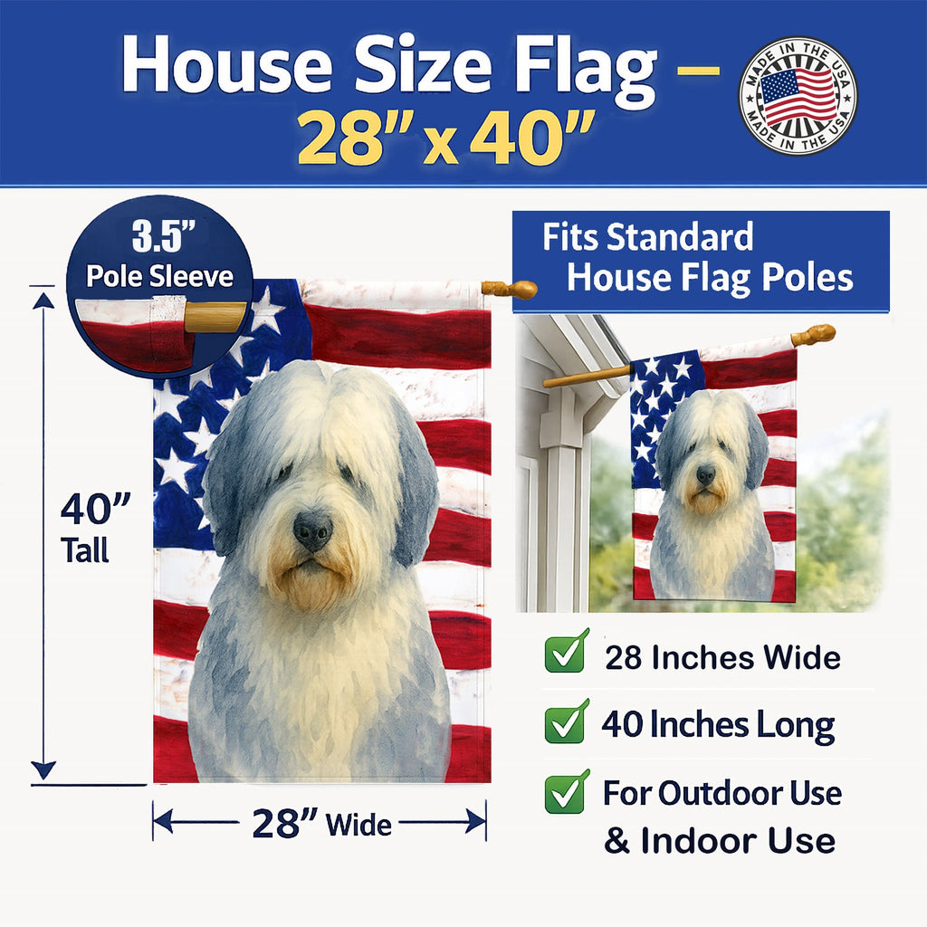Blue and White Old English Sheepdog American Flag House Flag 28x40 Porch Sleeve Pole Decorative Outside Yard Banner Artwork Wall Hanging, Polyester