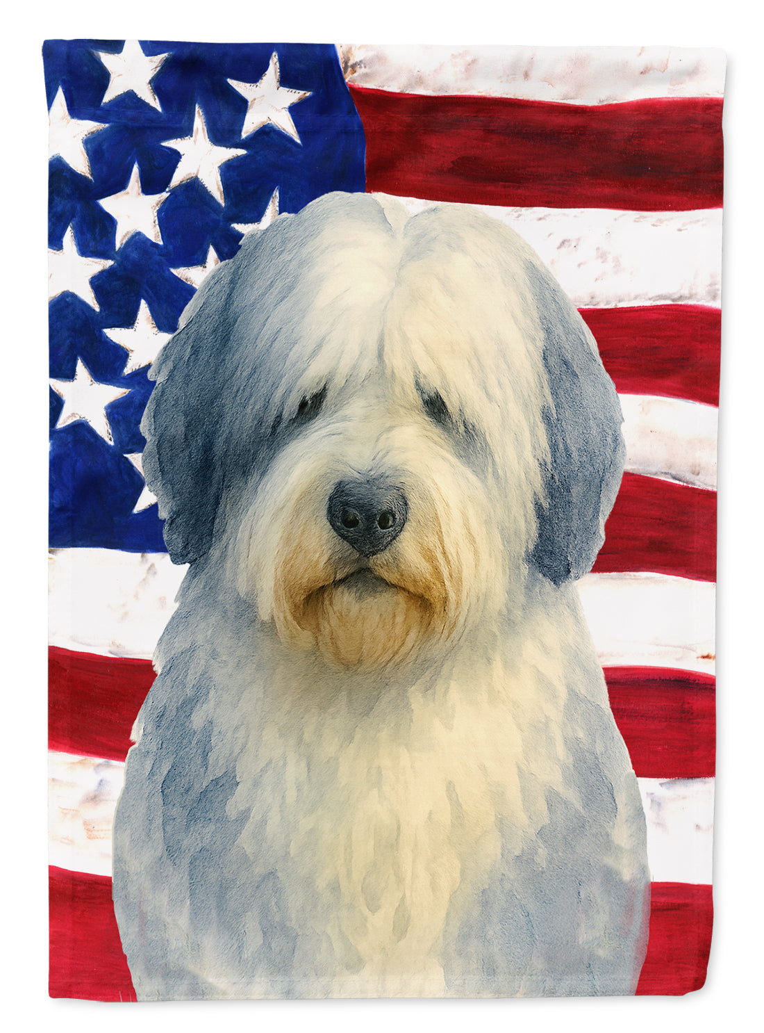 Blue and White Old English Sheepdog American Flag House Flag 28x40 Porch Sleeve Pole Decorative Outside Yard Banner Artwork Wall Hanging, Polyester