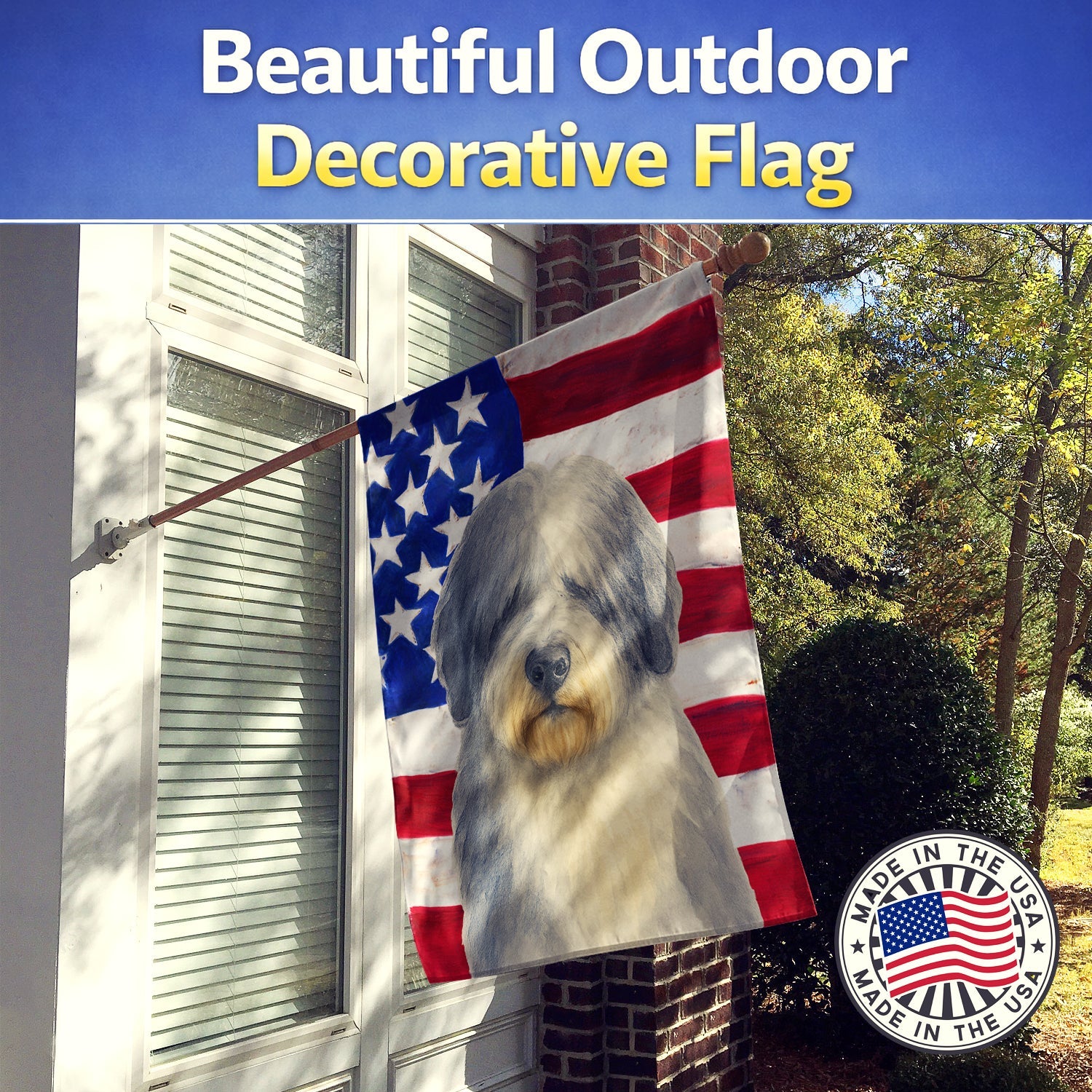Gray and White Old English Sheepdog American Flag House Flag 28x40 Porch Sleeve Pole Decorative Outside Yard Banner Artwork Wall Hanging, Polyester