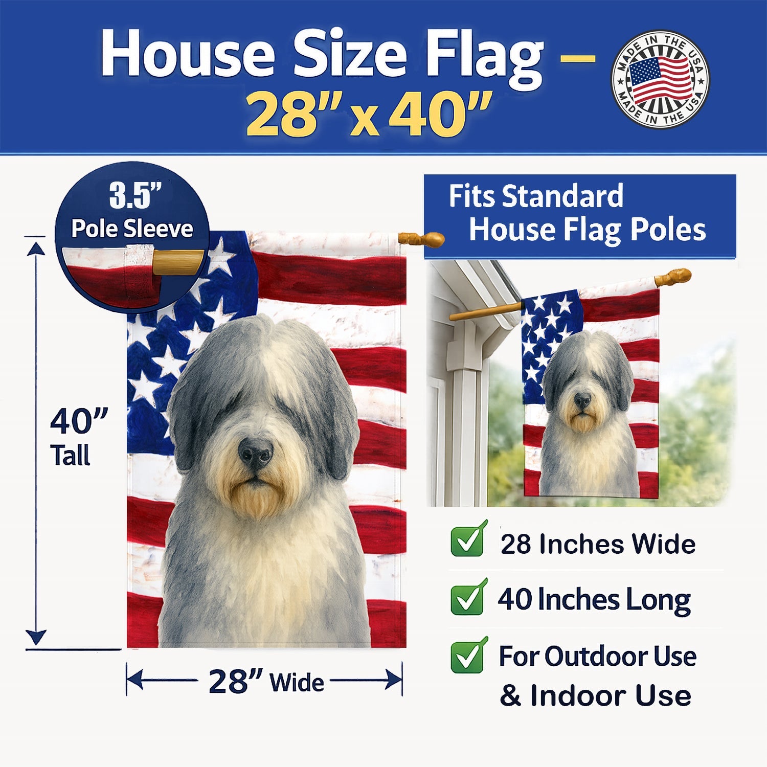 Gray and White Old English Sheepdog American Flag House Flag 28x40 Porch Sleeve Pole Decorative Outside Yard Banner Artwork Wall Hanging, Polyester