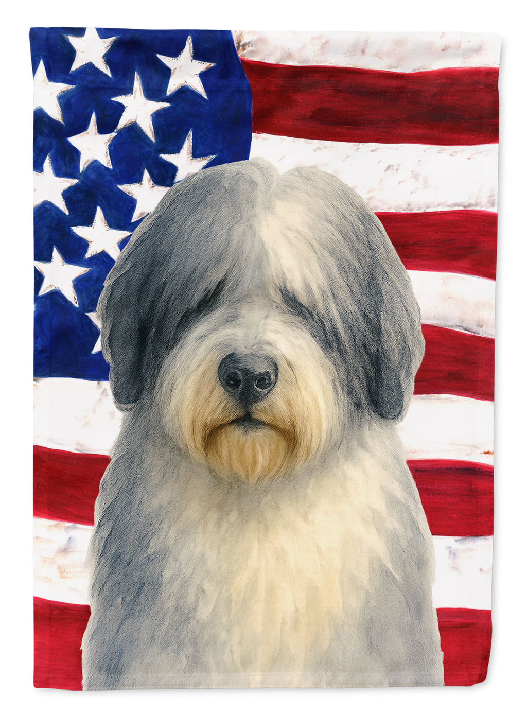 Gray and White Old English Sheepdog American Flag House Flag 28x40 Porch Sleeve Pole Decorative Outside Yard Banner Artwork Wall Hanging, Polyester