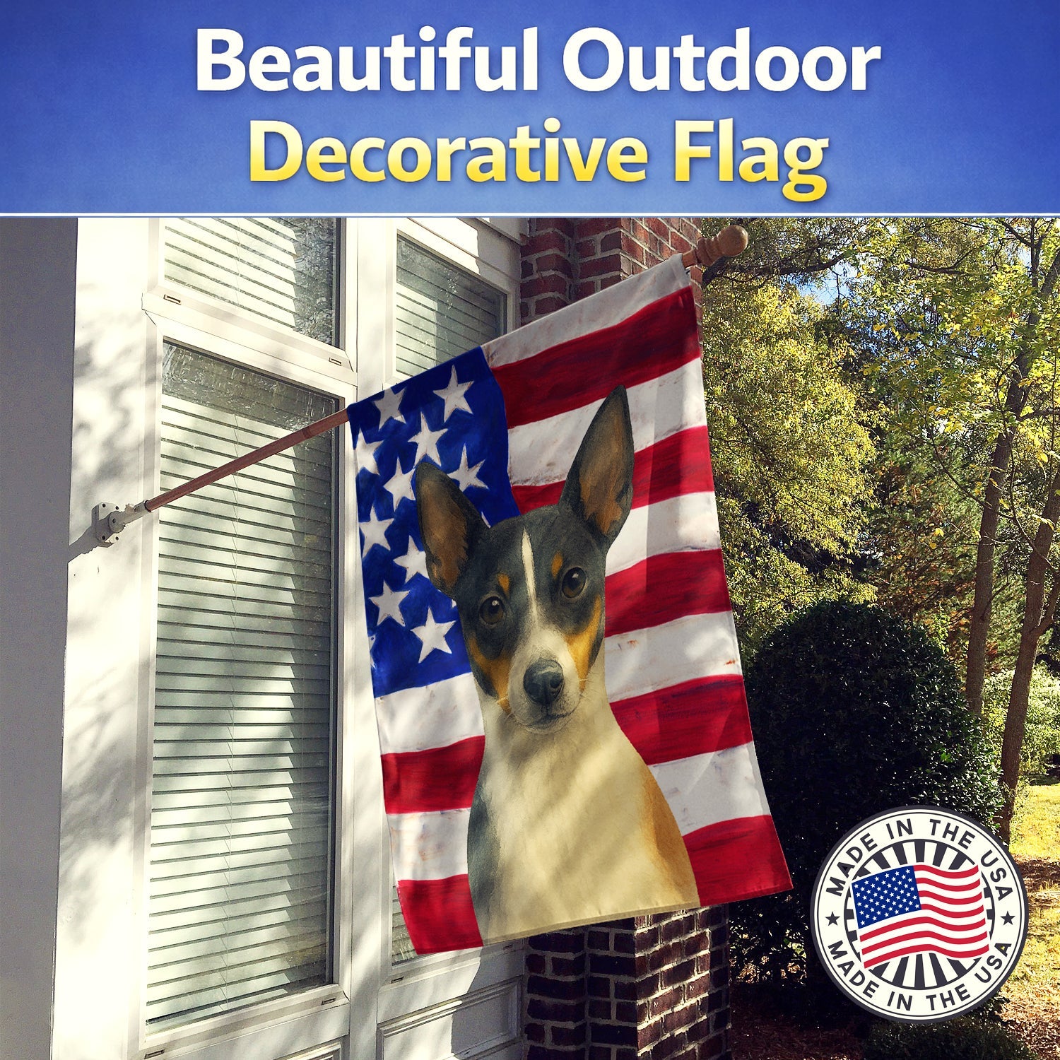 Black and White Rat Terrier American Flag House Flag 28x40 Porch Sleeve Pole Decorative Outside Yard Banner Artwork Wall Hanging, Polyester
