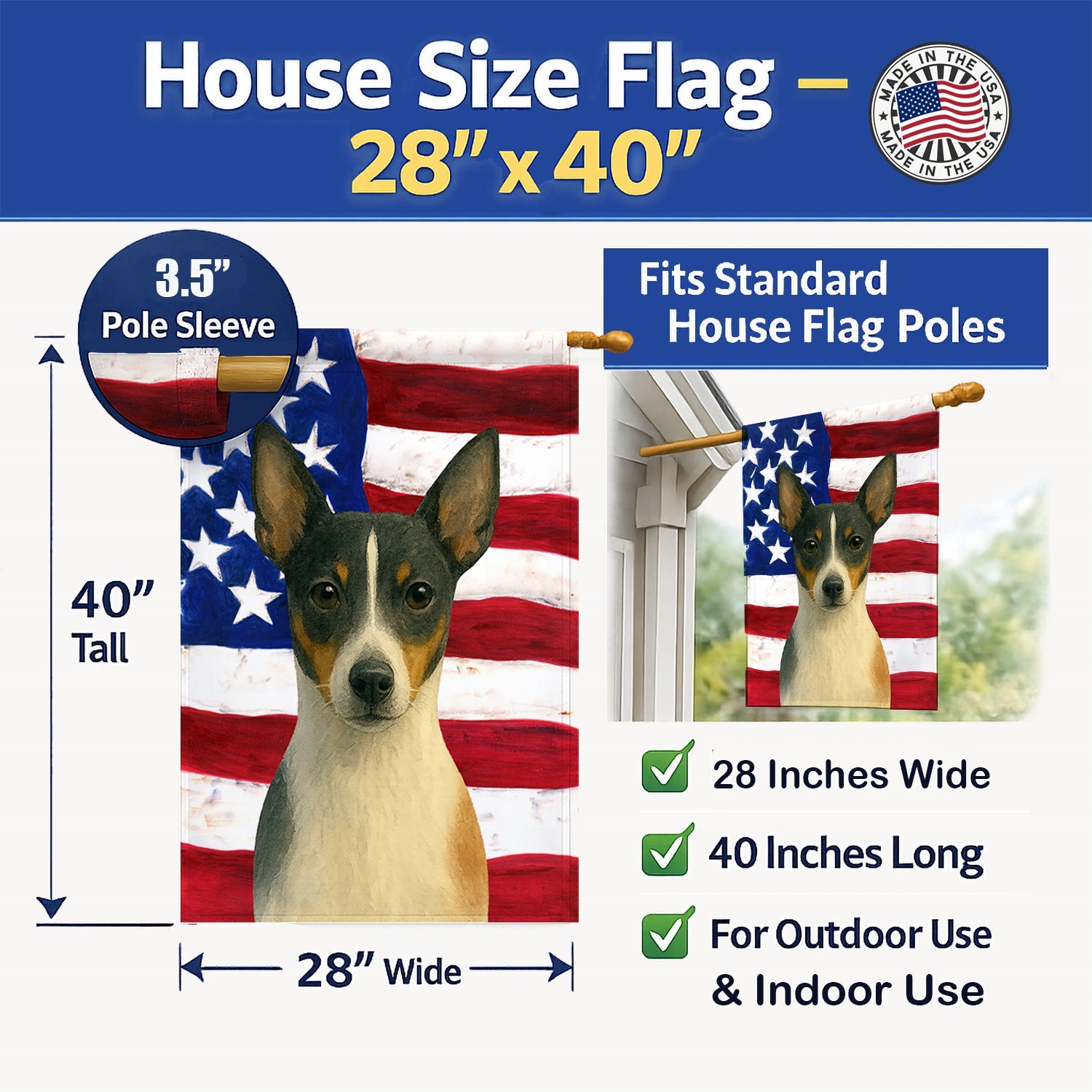 Black and White Rat Terrier American Flag House Flag 28x40 Porch Sleeve Pole Decorative Outside Yard Banner Artwork Wall Hanging, Polyester