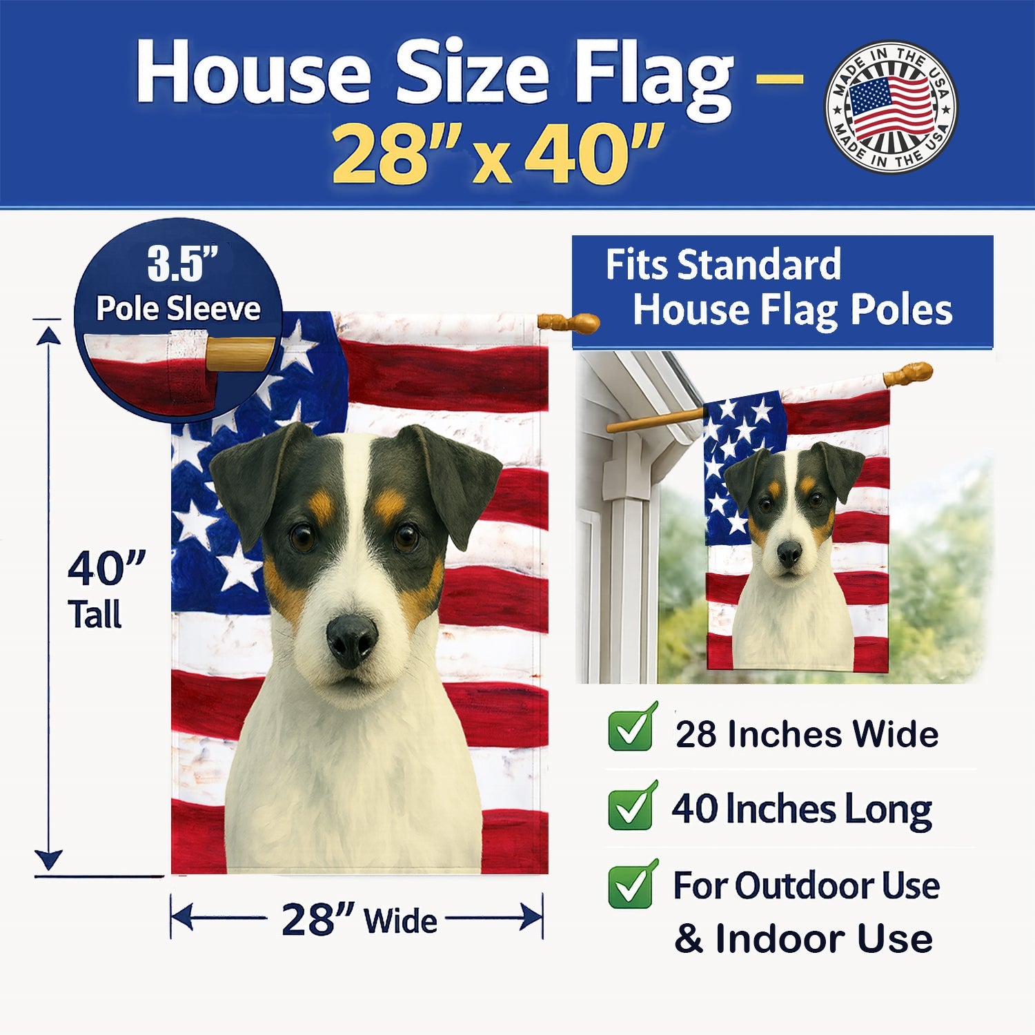 White and Black Jack Russell Terrier American Flag House Flag 28x40 Porch Sleeve Pole Decorative Outside Yard Banner Artwork Wall Hanging, Polyester