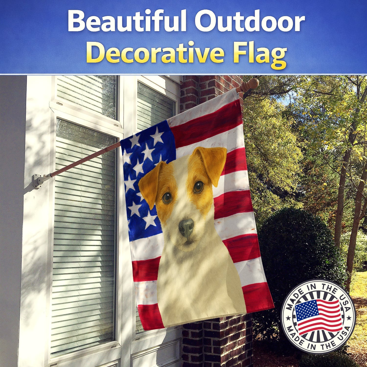 White and Tan Jack Russell Terrier American Flag House Flag 28x40 Porch Sleeve Pole Decorative Outside Yard Banner Artwork Wall Hanging, Polyester
