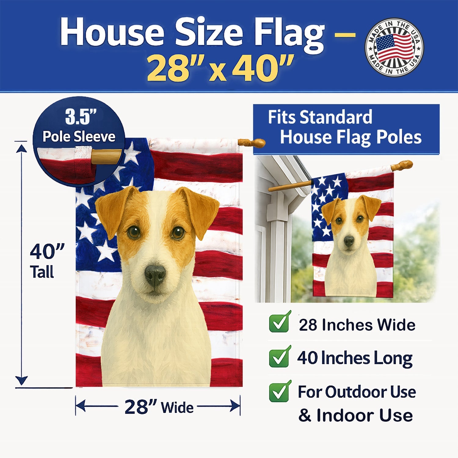White and Tan Jack Russell Terrier American Flag House Flag 28x40 Porch Sleeve Pole Decorative Outside Yard Banner Artwork Wall Hanging, Polyester
