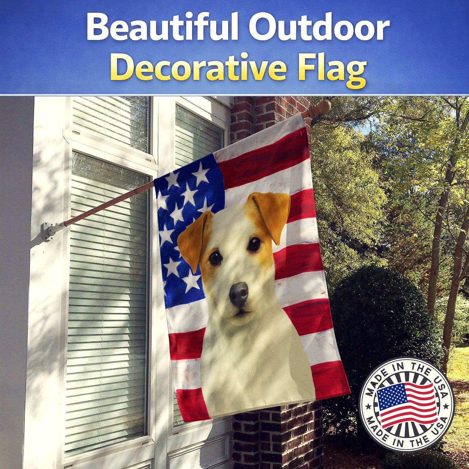 White Jack Russell Terrier American Flag House Flag 28x40 Porch Sleeve Pole Decorative Outside Yard Banner Artwork Wall Hanging, Polyester