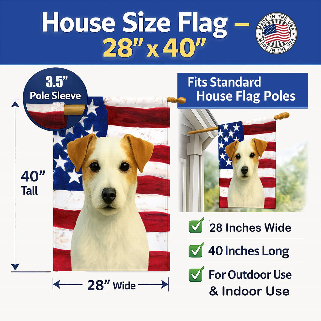 White Jack Russell Terrier American Flag House Flag 28x40 Porch Sleeve Pole Decorative Outside Yard Banner Artwork Wall Hanging, Polyester