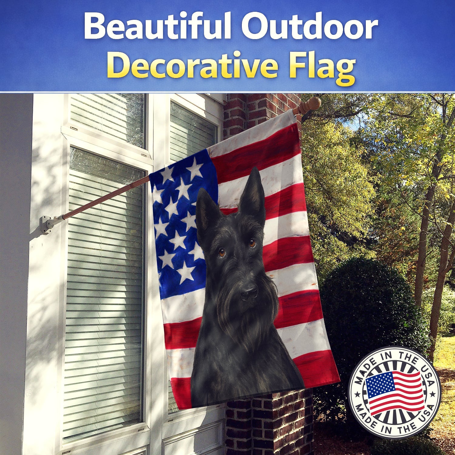 Black Scottish Terrier American Flag House Flag 28x40 Porch Sleeve Pole Decorative Outside Yard Banner Artwork Wall Hanging, Polyester