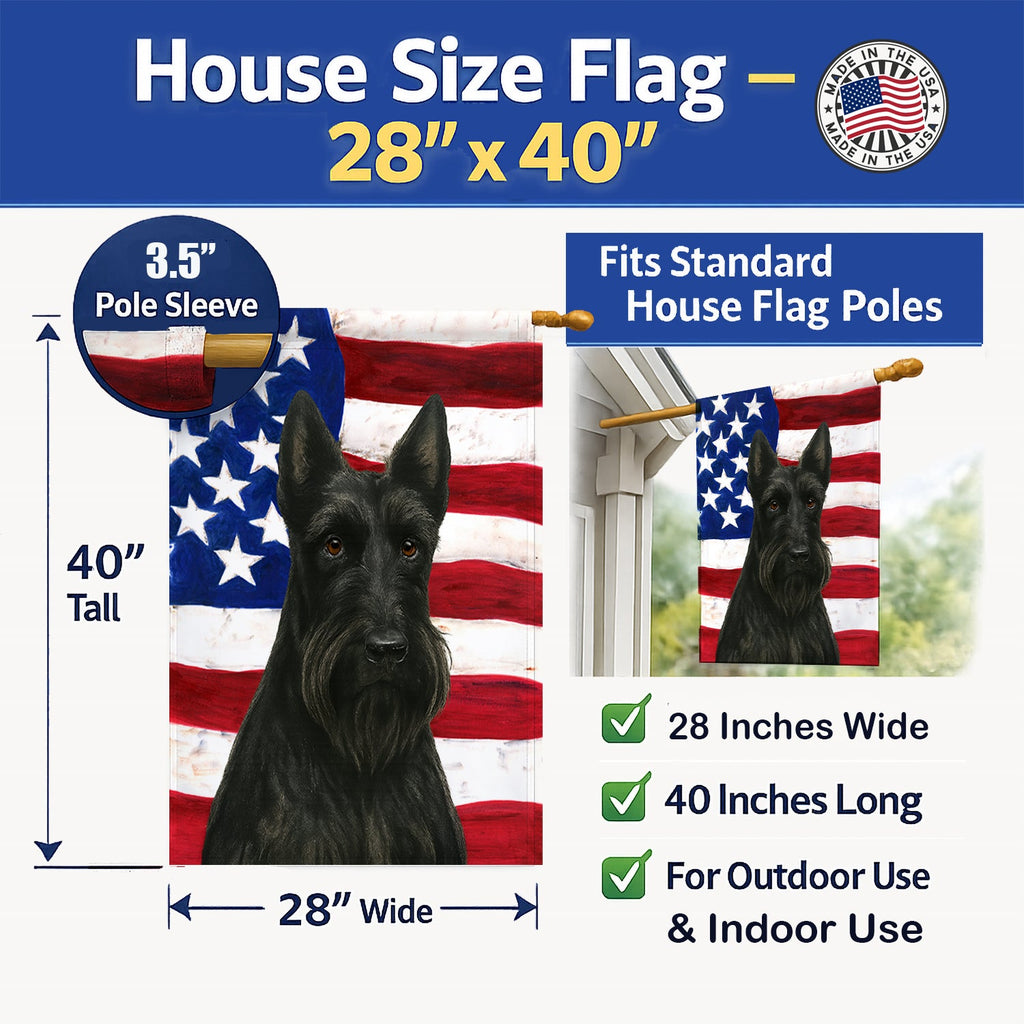 Black Scottish Terrier American Flag House Flag 28x40 Porch Sleeve Pole Decorative Outside Yard Banner Artwork Wall Hanging, Polyester