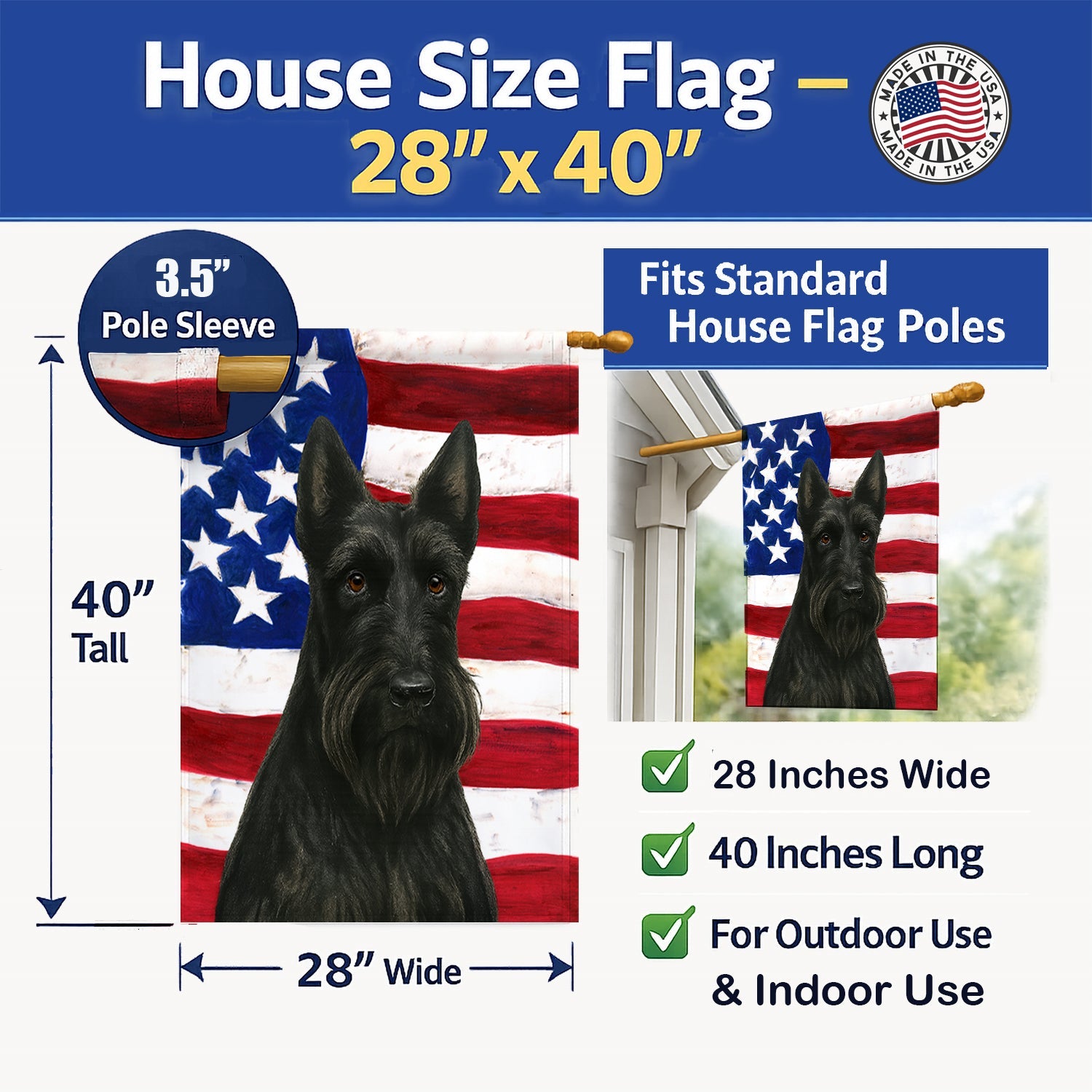 Black Scottish Terrier American Flag House Flag 28x40 Porch Sleeve Pole Decorative Outside Yard Banner Artwork Wall Hanging, Polyester