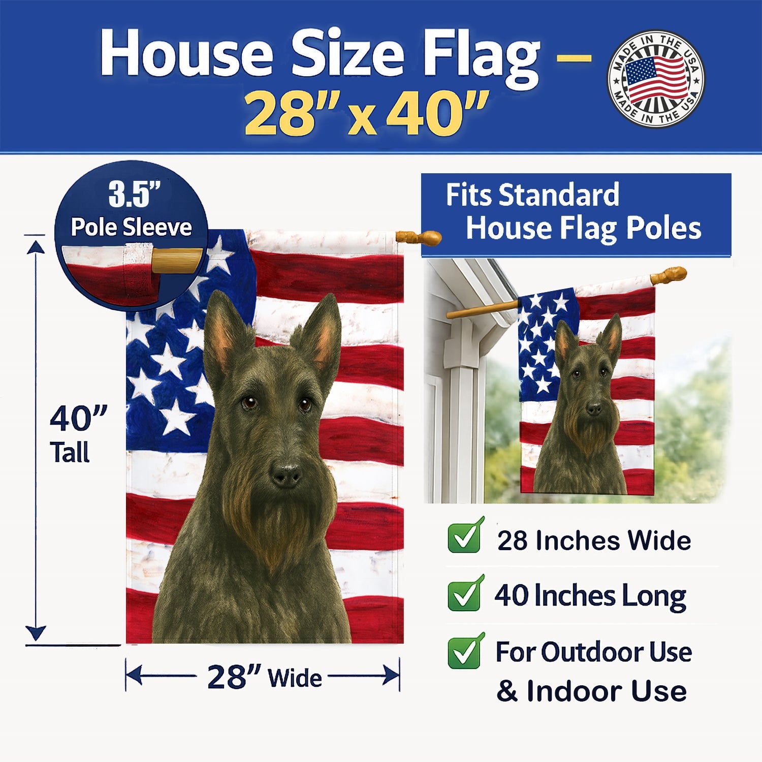 Brindle Scottish Terrier American Flag House Flag 28x40 Porch Sleeve Pole Decorative Outside Yard Banner Artwork Wall Hanging, Polyester