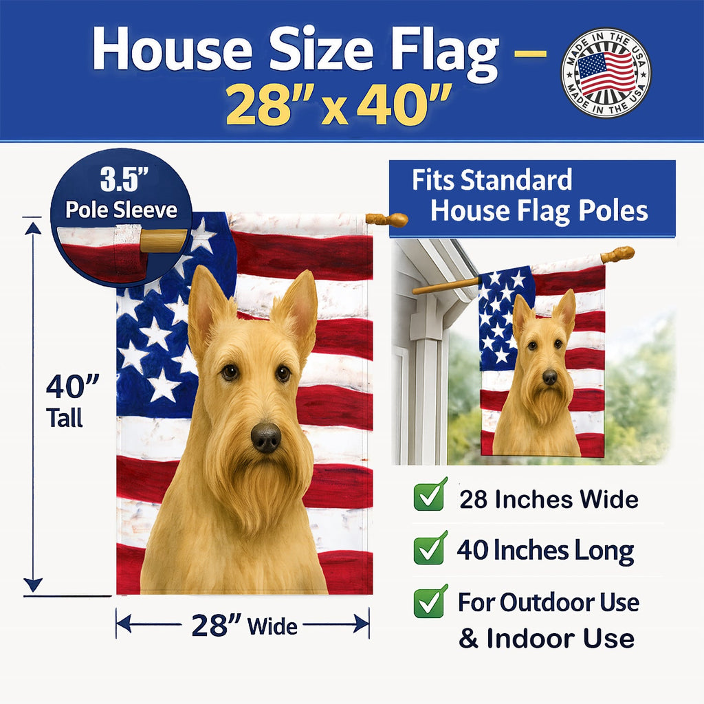 Wheaten Scottish Terrier American Flag House Flag 28x40 Porch Sleeve Pole Decorative Outside Yard Banner Artwork Wall Hanging, Polyester