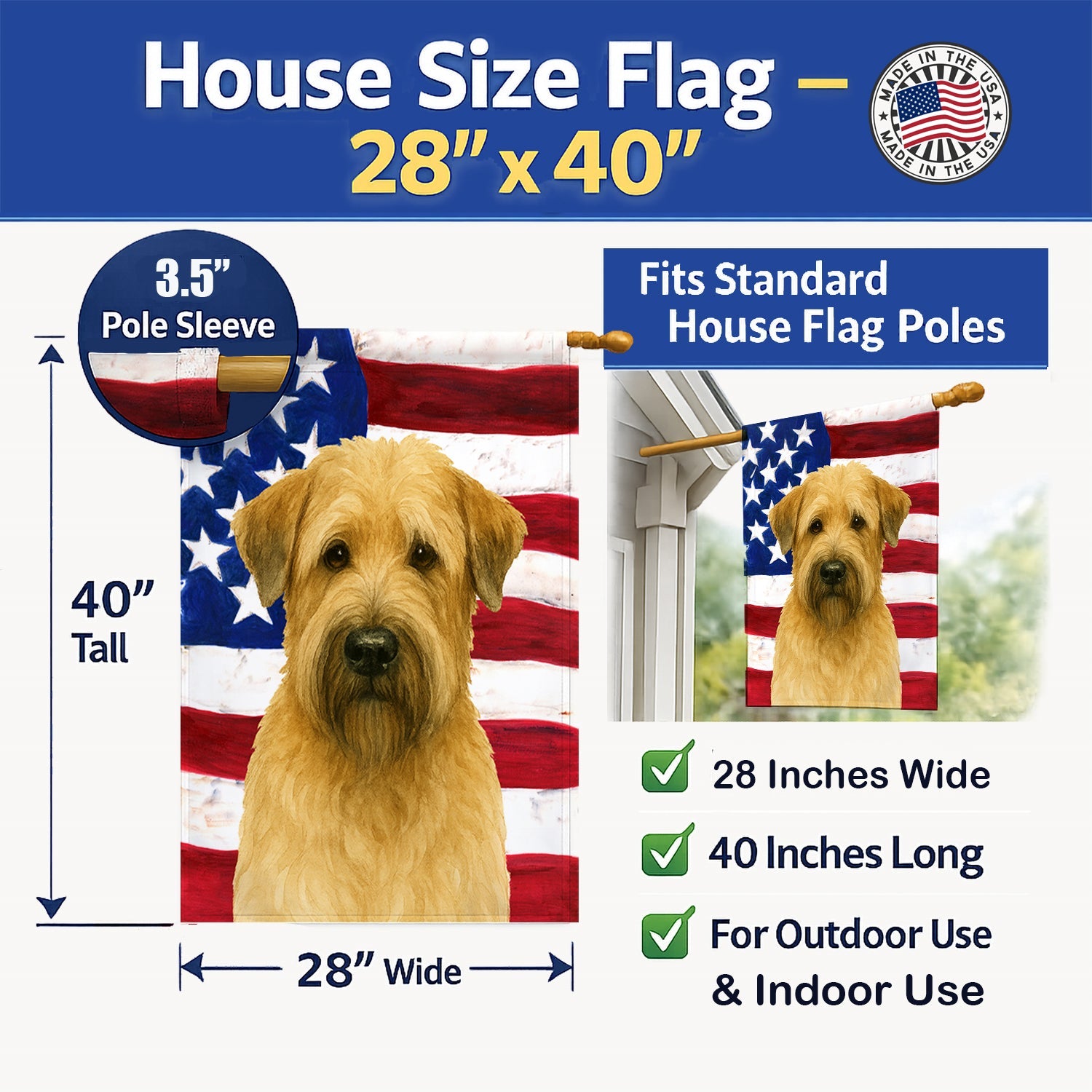 Soft Coated Wheaten Terrier American Flag House Flag 28x40 Porch Sleeve Pole Decorative Outside Yard Banner Artwork Wall Hanging, Polyester